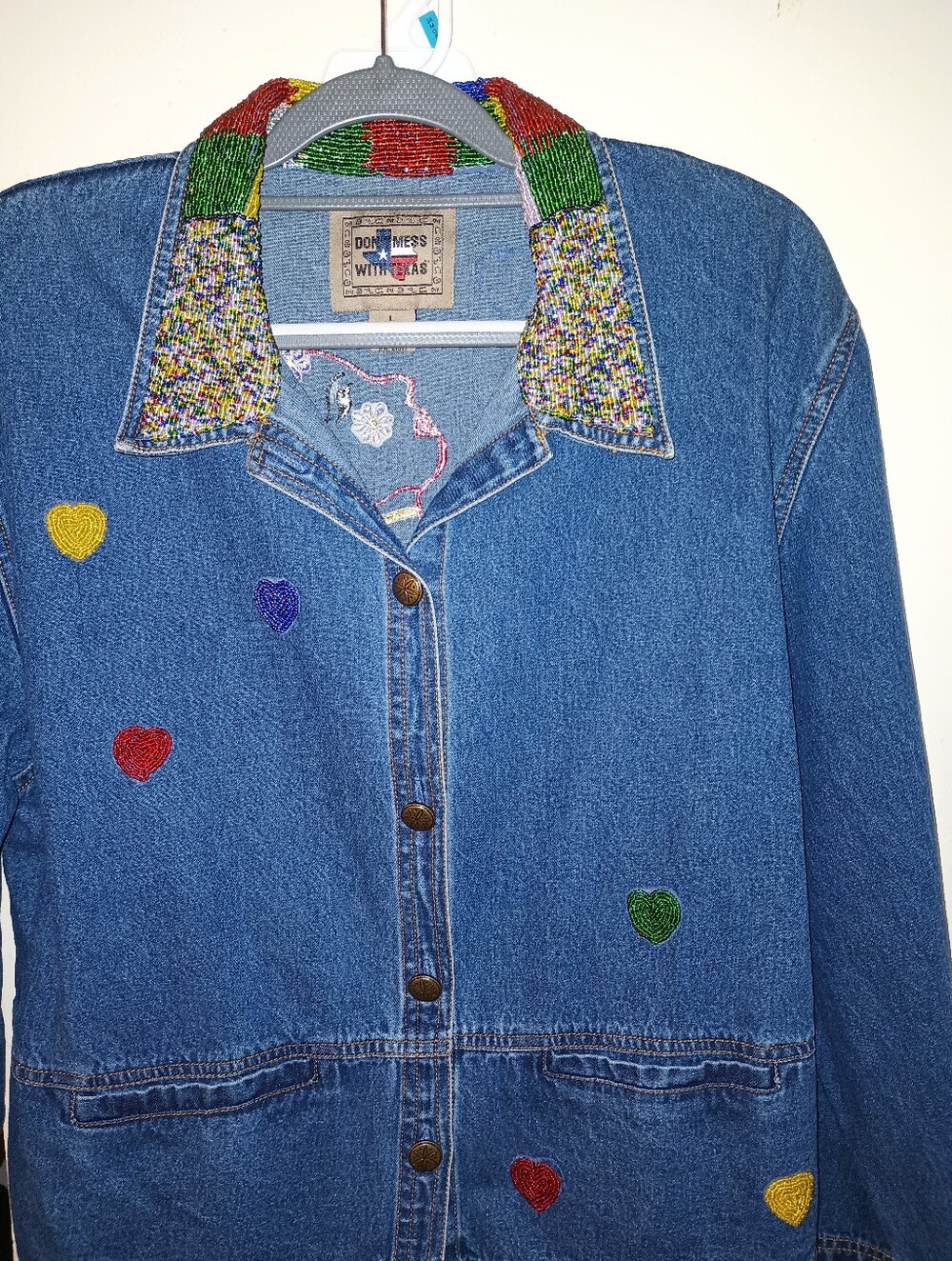 Vintage Women’s Blue Denim Jacket with Multicolor Embroidered Hearts